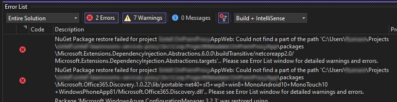 NuGet Package restore failed for project in Visual Studio · Are Flyen
