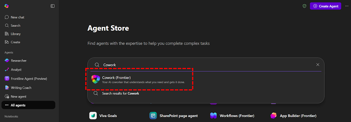 Screenshot: Search for Cowork (Frontier) agent in M365 Copilot Chat